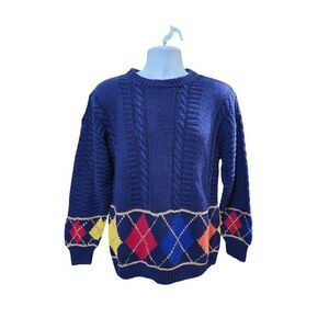 Vintage Field Gear Argyle Sweater Cable Knit Navy Multicolor fisherman Nautical